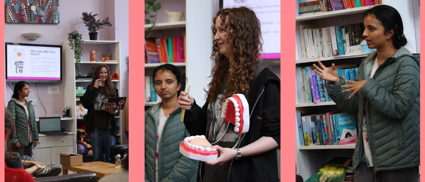 A gallery of three photographs showing two dental students giving a presentation. They are stood in front of a tall bookshelf and are speaking to a group. One is holding a model of a toothbrush and a large set of teeth.